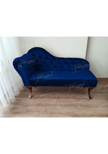 Ters Kol Dekoratif Bihter Koltuk Josefin Puf 110 Cm Ceviz Ayak Lacivert