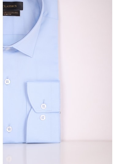 Aclassics Erkek Mavi Slim Fit Saten Pamuk Cepsiz Gömlek