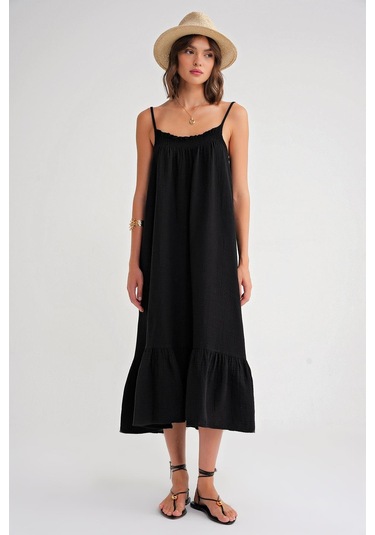 4740 Kadın Askılı Müslin Midi Elbise Siyah Siyah