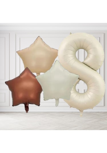 8 Yaş Retro Krem Bej Kahverengi Yıldız Folyo Balon Seti Krem Rakamlı Doğum Günü Şık Parti Süsleme Çok Renkli