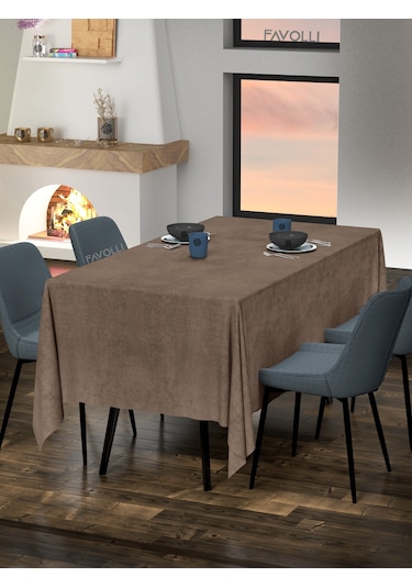 Kadife Dokulu Kaju Renk Masa Örtüsü Kaju