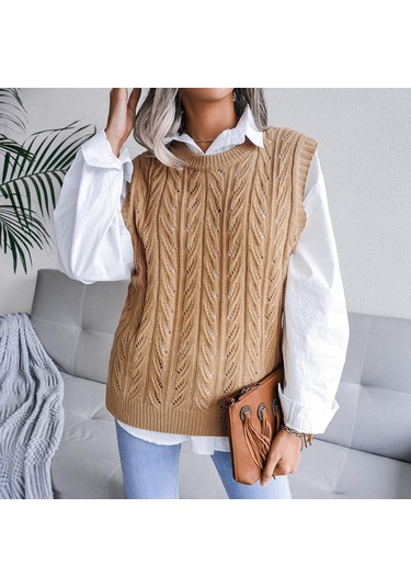 Kadın Sonbahar Kış Bisiklet Yaka Kesim Düz Renk Kolsuz Yaprak Örgü Tank Kazak Sl Haki