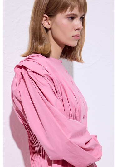 Beli Pile Detaylı Uzun Kol Bluz Pembe Pembe