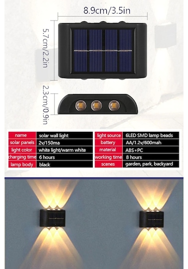 2adet Modern Solar 6ledli Çift Taraflı Aplik Güneş Enerjili Aydınlatma Duvar Lambası