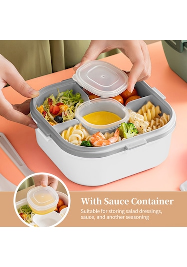 Lemestar 1200ml Mavi Mikrodalga Uygun 4 Bölmeli Çift Katlı Plastik Salata Kutusu - Bıçak, Çatal Ve Kapaklı Sos Tabağı İçerir Mavi