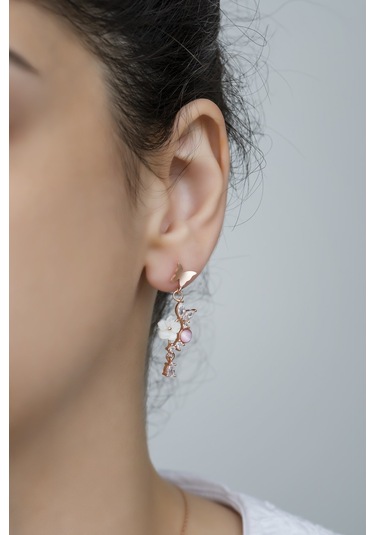 Nereze 925 Ayar Gümüş Pembe Taşlı Kelebek Manolya Çiçeği Küpe