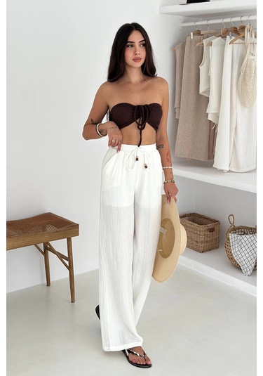 Beli Lastikli Geniş Paça Pantolon Beyaz Beyaz