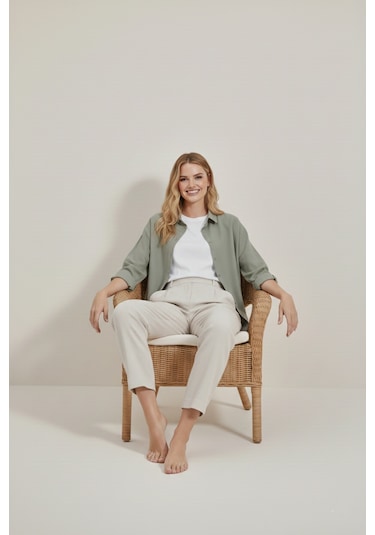 Yxc Trend Maker Oversize Uzun Basic Bayan Keten Gömlek Haki