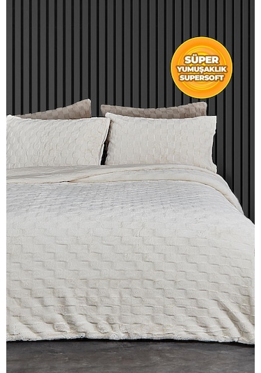 Kürk Yatak Örtüsü Yorgan Uyku Seti Tek Kişilik Çarşaflı Peluş Yumuşak Dolgulu Rody 3 Parça Krem