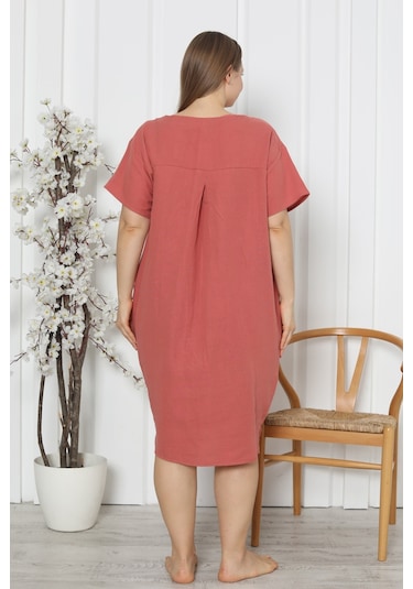 Kadın Tunik Gecelik Kısa Kollu Büyük Beden Cepli Keten Kiremit 92277 R11 Kiremit