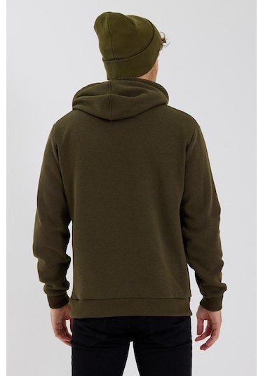 Erkek 3 İplik Pamuklu İçi Polarlı Baskılı Regular Fit Kapüşonlu Kanguru Cepli Haki Sweatshirt Haki