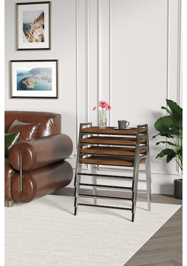 Zigon Sehpa , Aden 4'lü Tepsi Zigon Sehpa Takımı Gümüş Metal - Barok Tabla Gümüş-barok