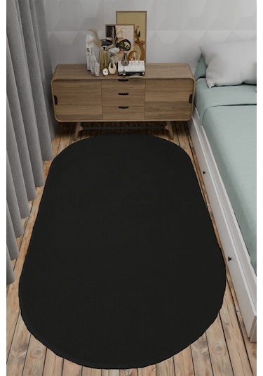 Post Peluş Yumuşak Oval Halı Tüylü Halı Kaymaz Taban Konforlu Dekoratif Yıkanabilir Yolluk Siyah