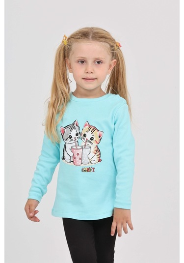 Toontoy Kız Çocuk İkili Kedi Baskılı Sweatshirt Turkuaz