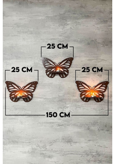 Dekoratif Ceviz Kelebek Duvar Rafı 3 Lü Set 25 Cm Duvar Mumluğu - Mumluk Raf - Ahşap Desenli Siyah