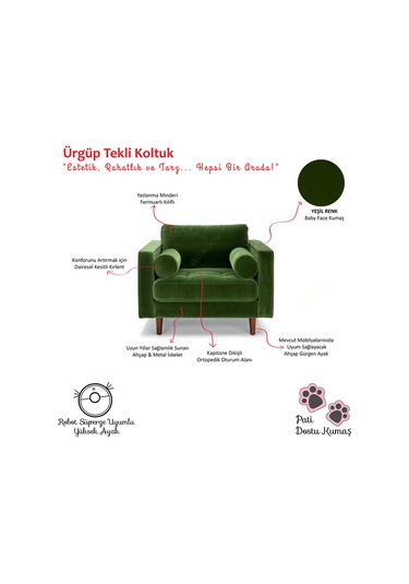 Ürgüp Yeşil Tekli Koltuk Berjer Rahat Psikolog Koltuğu Terapi Koltuğu Yeşil