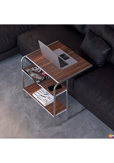 Modilayn C Yan Sehpa Geniş Boy Tekerlekli Çalışma, Atıştırmalık, Yemek, Laptop Sehpası Abanoz Ahşap