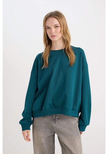 DeFacto Coool Oversize Geniş Kalıp Bisiklet Yaka Basic Düz Kalın Kumaş İçi Yumuşak Tüylü Sweatshirt D9022AXNSGN1040 Yeşil