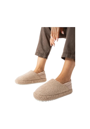 Kadın Lastikli Kaymaz Taban Peluş Havlu Kumaş Ev Ayakkabısı Panduf Bej-bej Bej