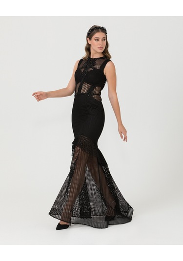 Balık Form Sıfır Yaka Tül Abiye-siyah Siyah