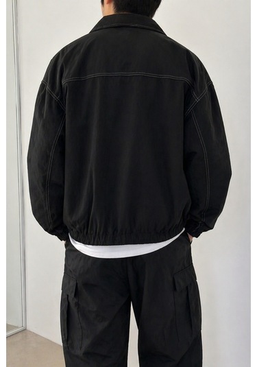 Tarz Cool Erkek Oversize Bomber Ceket Fermuarlı Basic Günlük Şık Mont Siyah