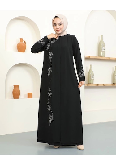 Büyük Beden Taş Detaylı Anne Elbisesi - Siyah / E0129 Siyah