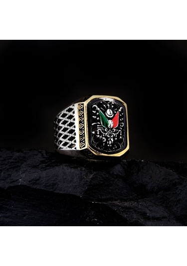 925 Ayar Gümüş Mineli Osmanlı Devlet Armalı Erkek Yüzük Çok Renkli