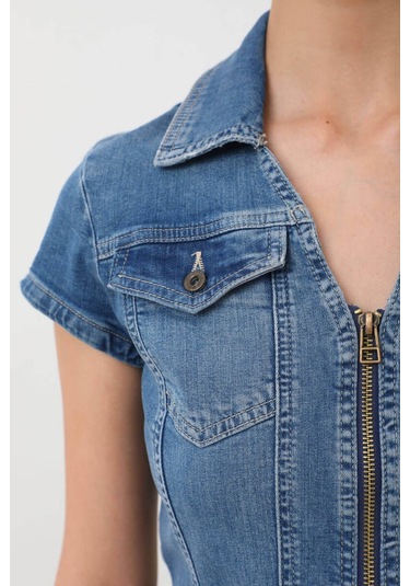 Fermuarlı Cepli Kadın Jean Elbise Mavi