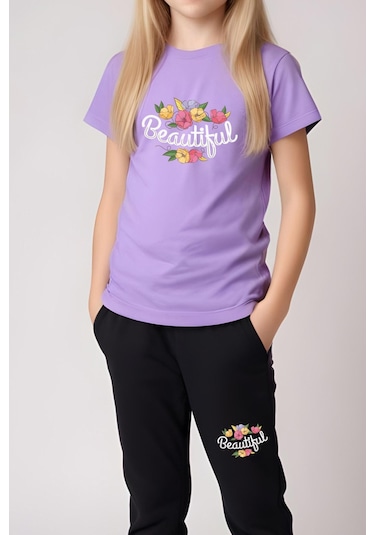 Beautiful Baskılı Kız Çocuk Tişört Ve Eşofman Alt-üst Takım Lila