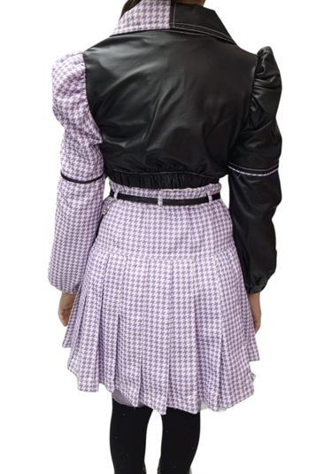 Kız Çocuk Deri Detaylı Lila Renk Üçlü Etekli Takım Lila