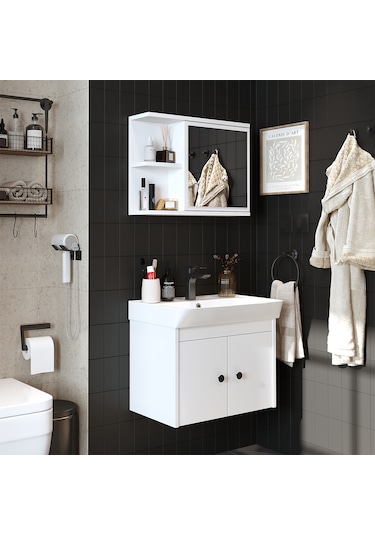 Lavabolu Mat Suntalam 60 Cm Banyo Dolabı + Aynalı Üst Dlp Beyaz Mat Beyaz
