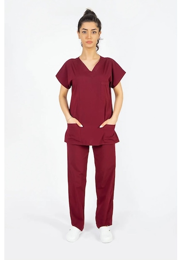Likralı Cerrahi, Doktor, Hemşire, Renkli Üniforma Takım Bordo