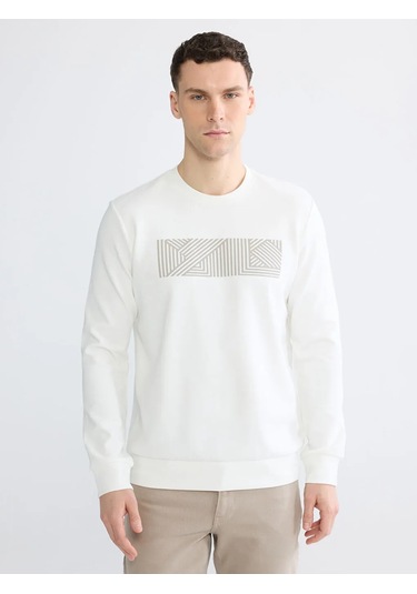 Lc Waikiki Beyaz Bisiklet Yaka Baskılı Erkek Sweatshirt