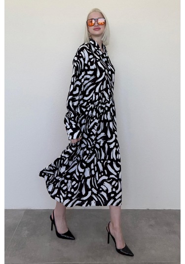 Madmext Beyaz Uzun Kollu Düğmeli Desenli Elbise Mg2431 Beyaz