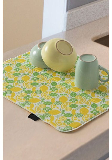 Bulaşık Kurutma Örtüsü, Bulaşıklık, Tezgah Üstü Bulaşık Matı, Süper Emici Mutfak Matı, Limon Desenli Çok Renkli