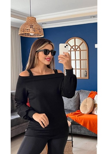Leyla Sanat Sanata Yeni Bir Bakış Açısı Kadın Askılı Iki Omuzu Açık Salaş Yün Viskon Bluz Siyah