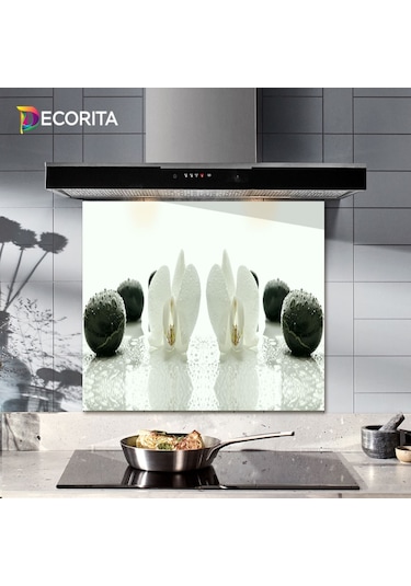 Decorıta Cam Ocak Arkası Koruyucu | Beyaz Orkide Siyah Oniks