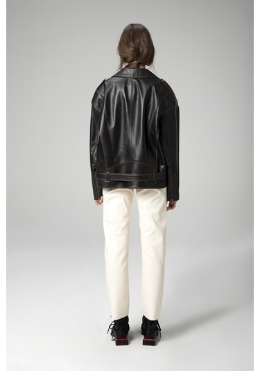 Dericlub Pamela Unisex Silme Oversize Biker Hakiki Deri Mont Siyah/taba Null Siyah