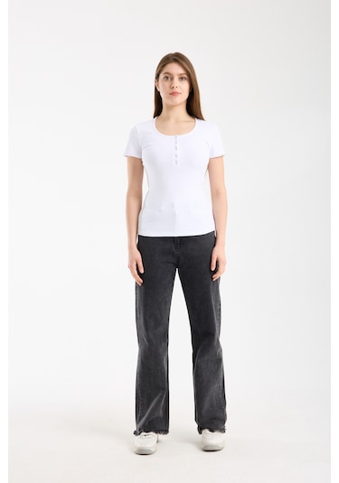 Hdm Kadın Esnek Fitilli Yakası Çıtçıtlı Beyaz Kısa Kol Basic Örme Bluz - H5993-55 Beyaz