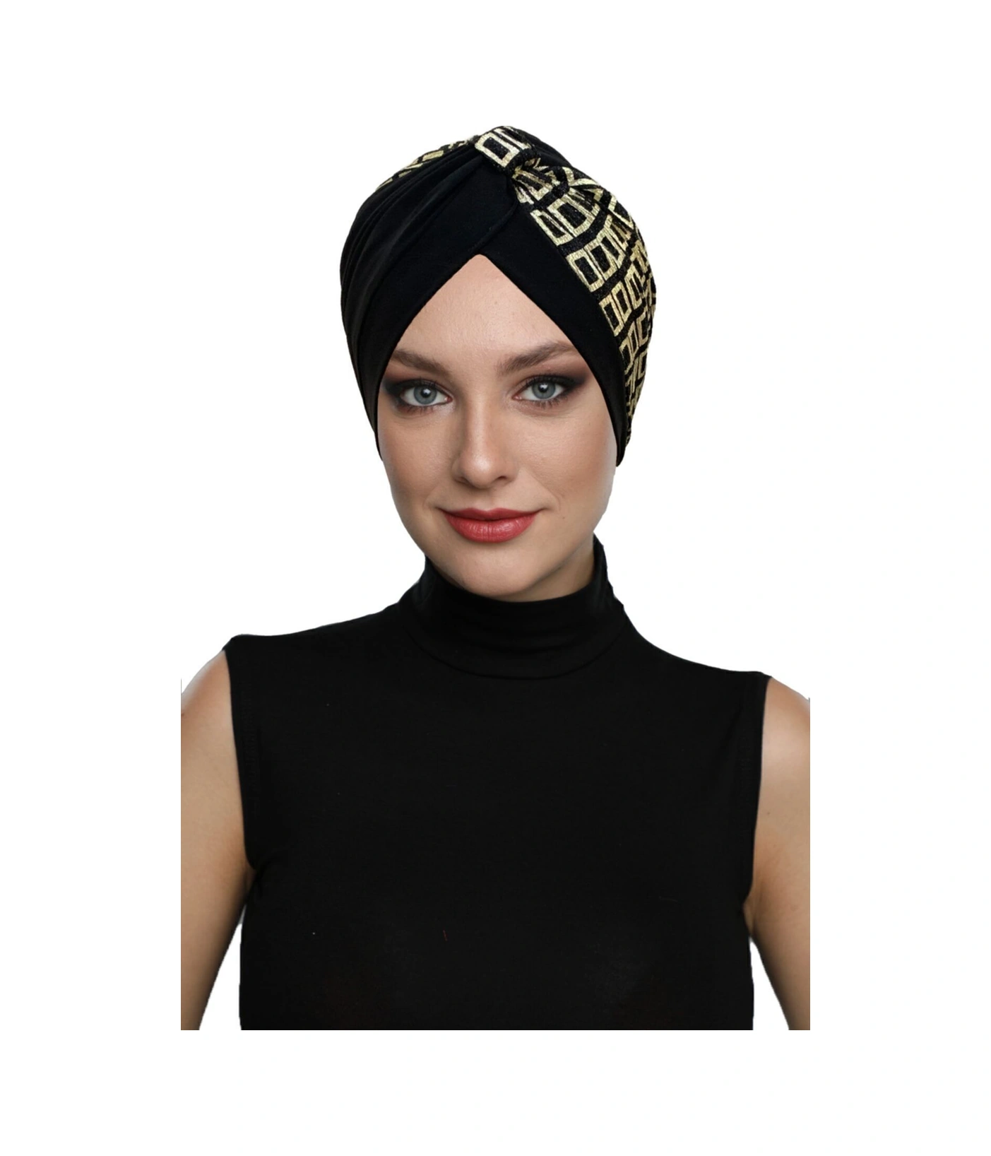 Özel Tasarım Siyah Üzeri Altın Ekose Desenli Astarlı Hazır Türban Tesettür Abiye Bone Siyah2