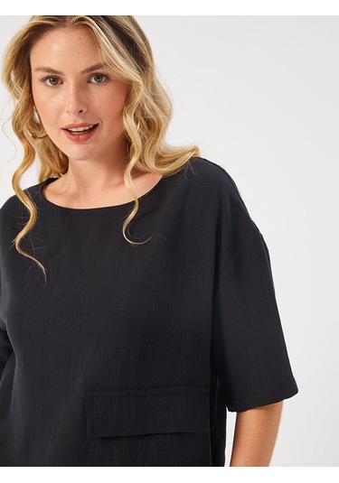 Faik Sönmez Kadın Önü Cep Detaylı Dokuma Bluz U68182 Siyah