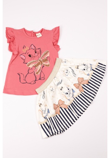 Kız Çocuk Takım Etekli Kedi Baskılı Kol Detaylı A66 Koyu Pudra