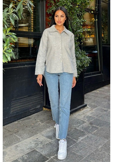 Gri Uzun Kol, Çift Cepli, Eteği Oval Kesim, Kaşe Gömlek Ceket Gri