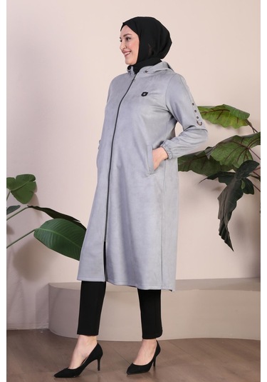 Kadın Büyük Beden Armalı Kapşonlu Kısa Diz Boy Tesettur Süet Pardesü