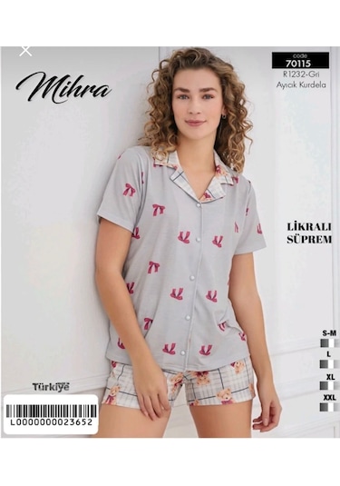 Miressa Düğmeli Şortlu Pijama Takımı Gri - Kırmızı
