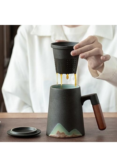 Dağ Tasarım Seramik Çay Filtre İle Seramik Kahve Fincanı Çin Çay Bardağı 400ml Kupalar Altın - Beyaz