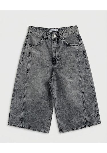 Itsbasic Kadın Gri Renk 4s6-13 Mega Baggy Fit Paça Ve Cep Detaylı Özel Tasarım Denim Şort