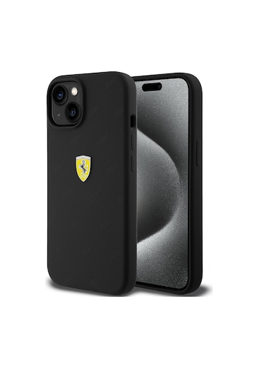 İphone Uyumlu 15 Kılıf Ferrari Lisanslı Metal Logolu Sf Yazılı Kapak Siyah