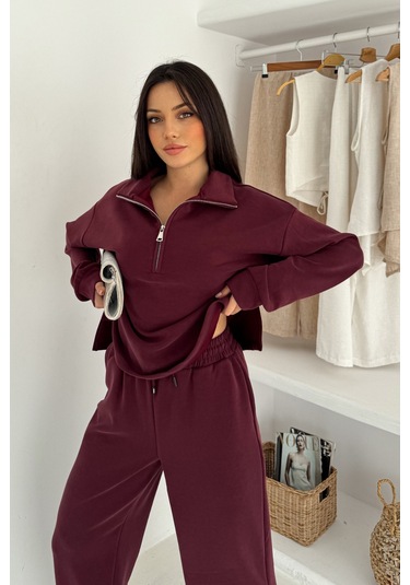 Balenbi Premium Modal Kumaş Fermuarlı Yaka Kadın Takım 1153 Bordo