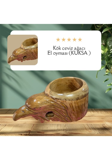 Ahşap El Oyması Kartal Figürlü Kuksa Bardak.